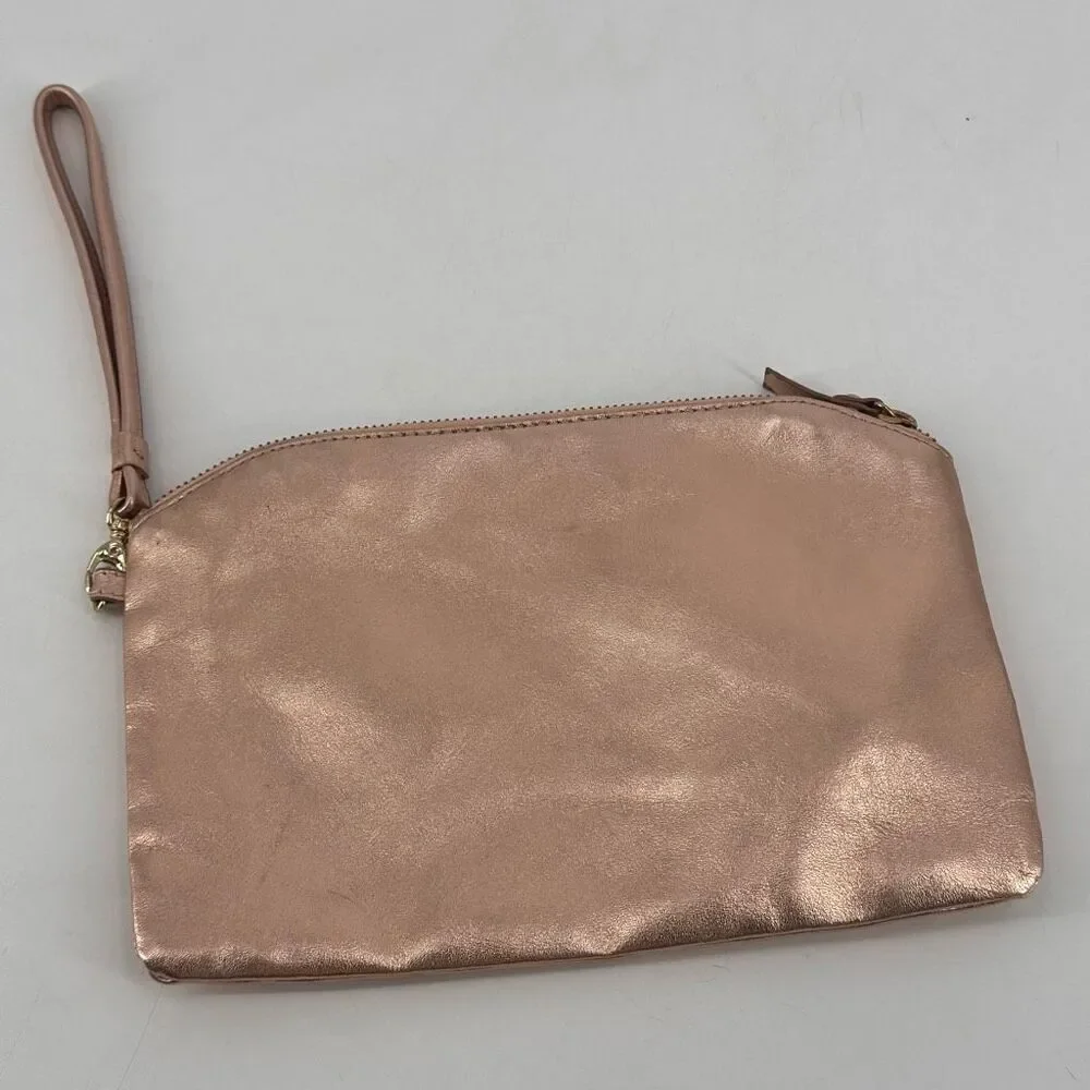 Lodis Rose Gold Metallic Leather Clutch Wristlet‎ Cosmetic Makeup Bag Toiletries